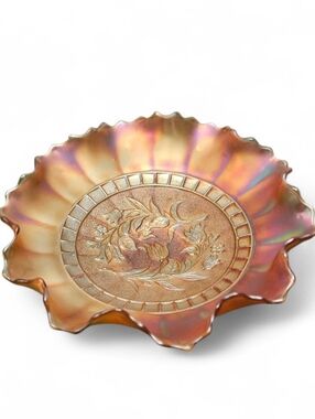Carnival Glass Bowl By Dugan Glass Company Iridescent Ruffled